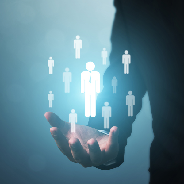 hand with floating people icons